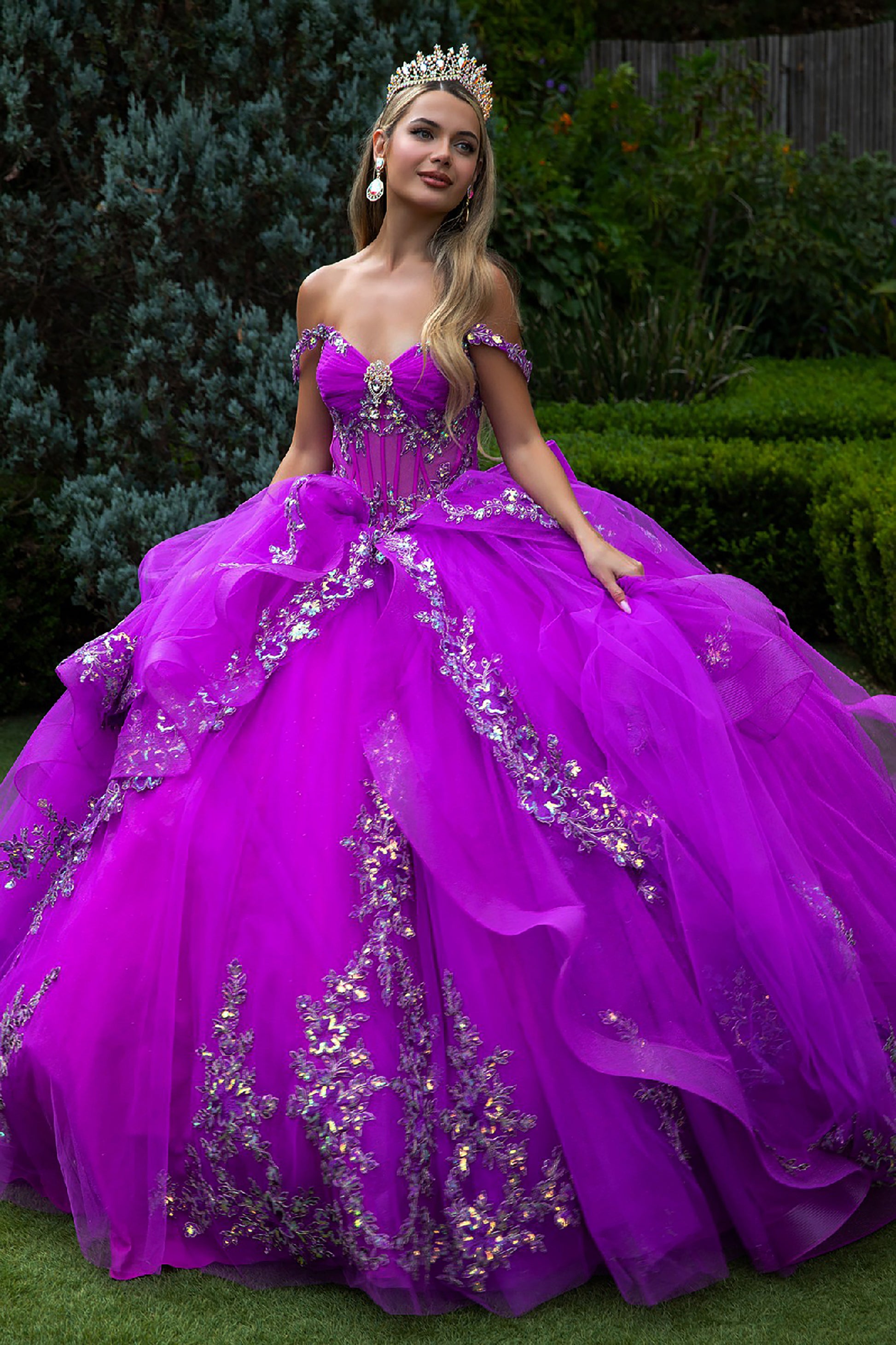 Quinceañera | Layered Ruffle Purple Ball Gown with Detachable Back Bow and Train | Gisselle dress