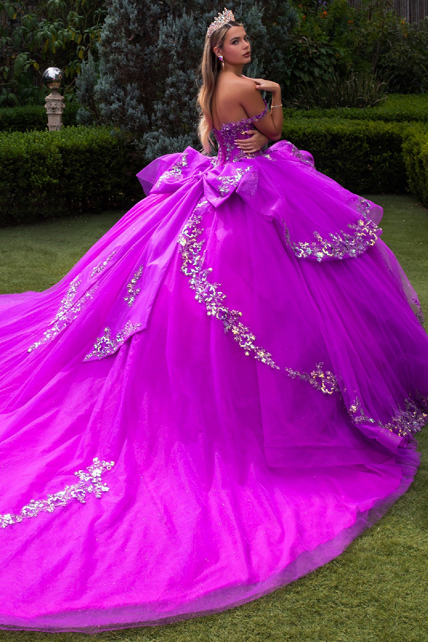 Quinceañera | Layered Ruffle Purple Ball Gown with Detachable Back Bow and Train | Gisselle dress back