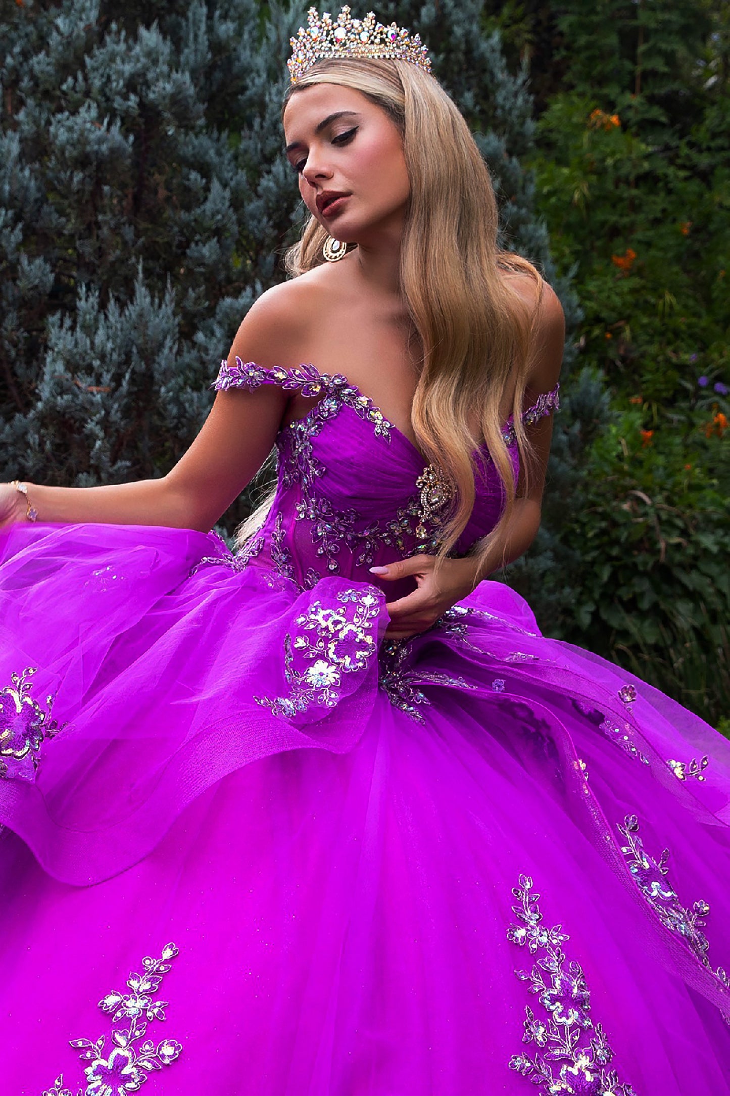 Quinceañera | Layered Ruffle Purple Ball Gown with Detachable Back Bow and Train | Gisselle dress front zoom