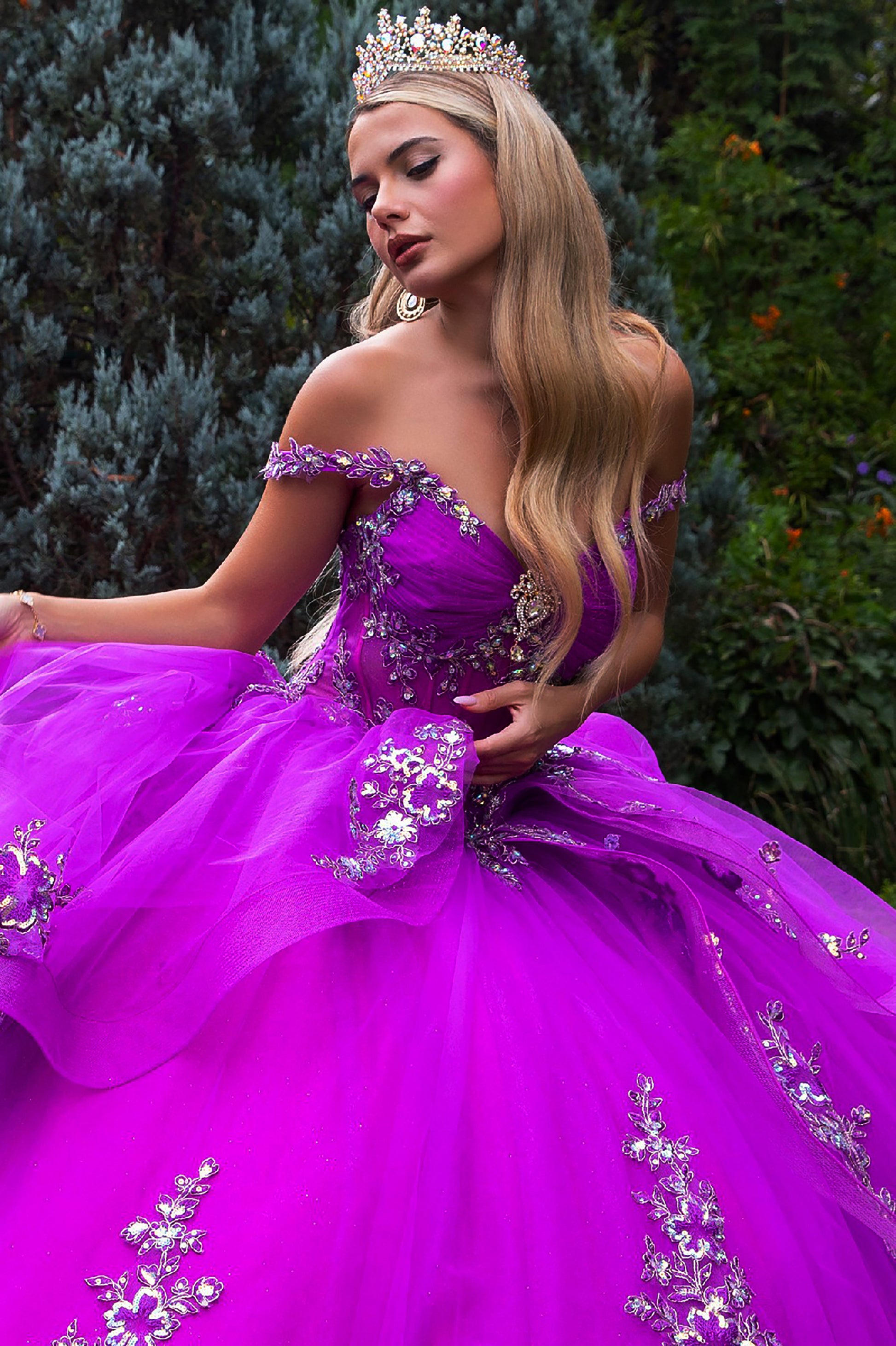 Quinceañera | Layered Ruffle Purple Ball Gown with Detachable Back Bow and Train | Gisselle dress front zoom
