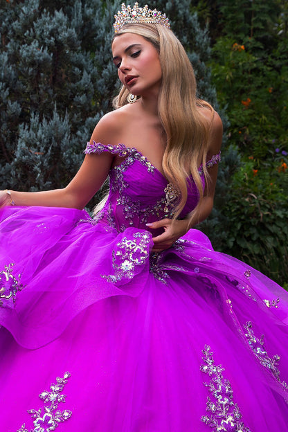 Quinceañera | Layered Ruffle Purple Ball Gown with Detachable Back Bow and Train | Gisselle dress front zoom