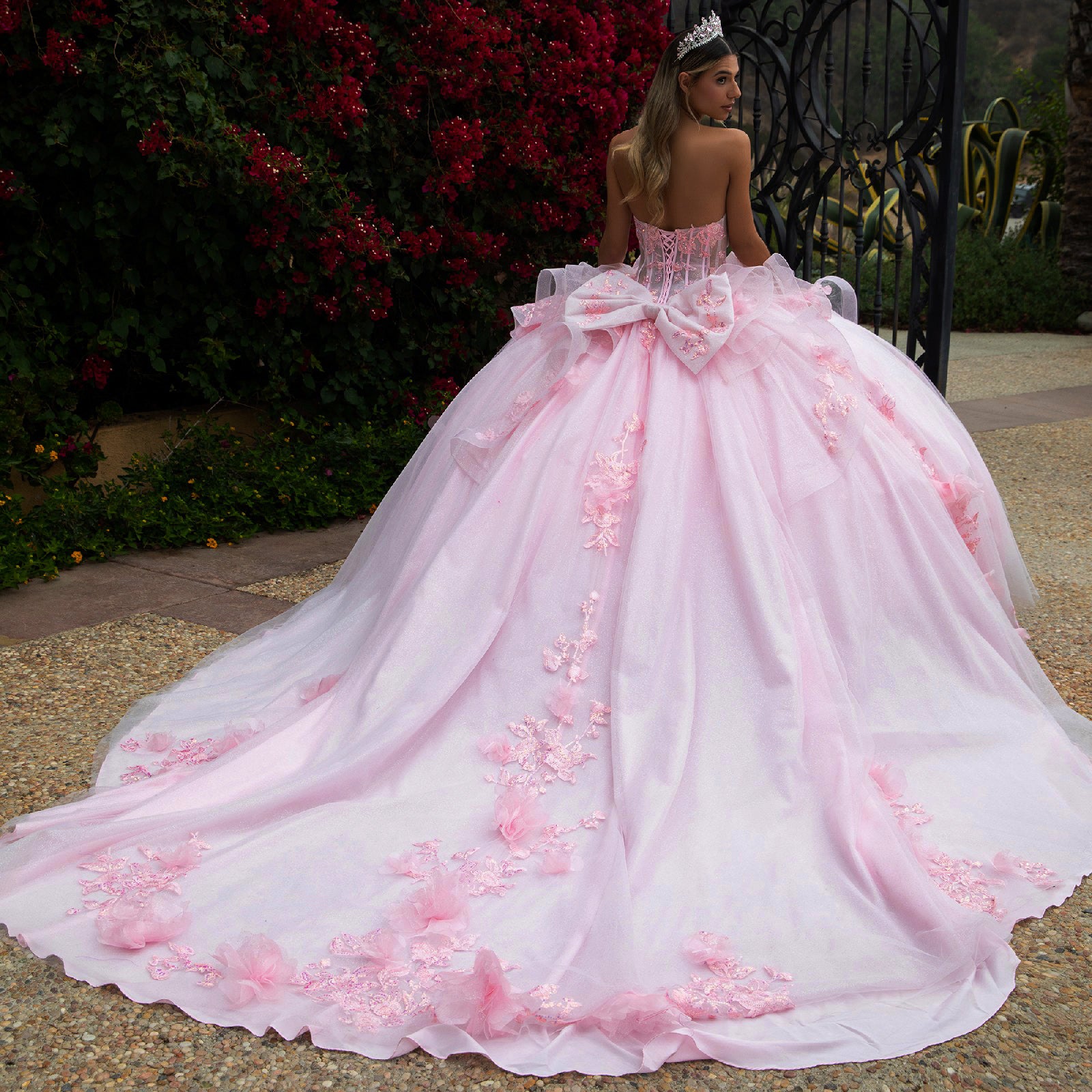 Baby Pink quince Ball Gown with Layered Waist Ruffles and Detachable Bow back view