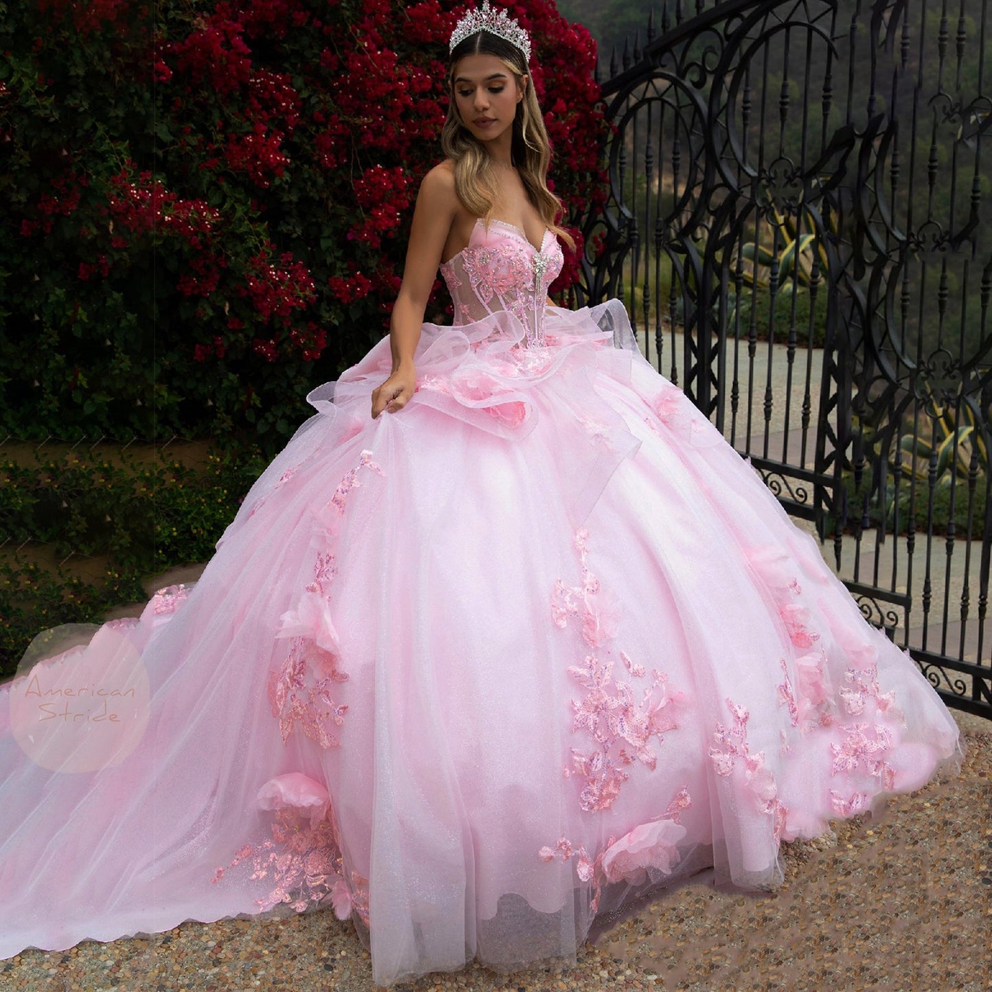 Baby Pink quince Ball Gown with Layered Waist Ruffles and Detachable Bow front view