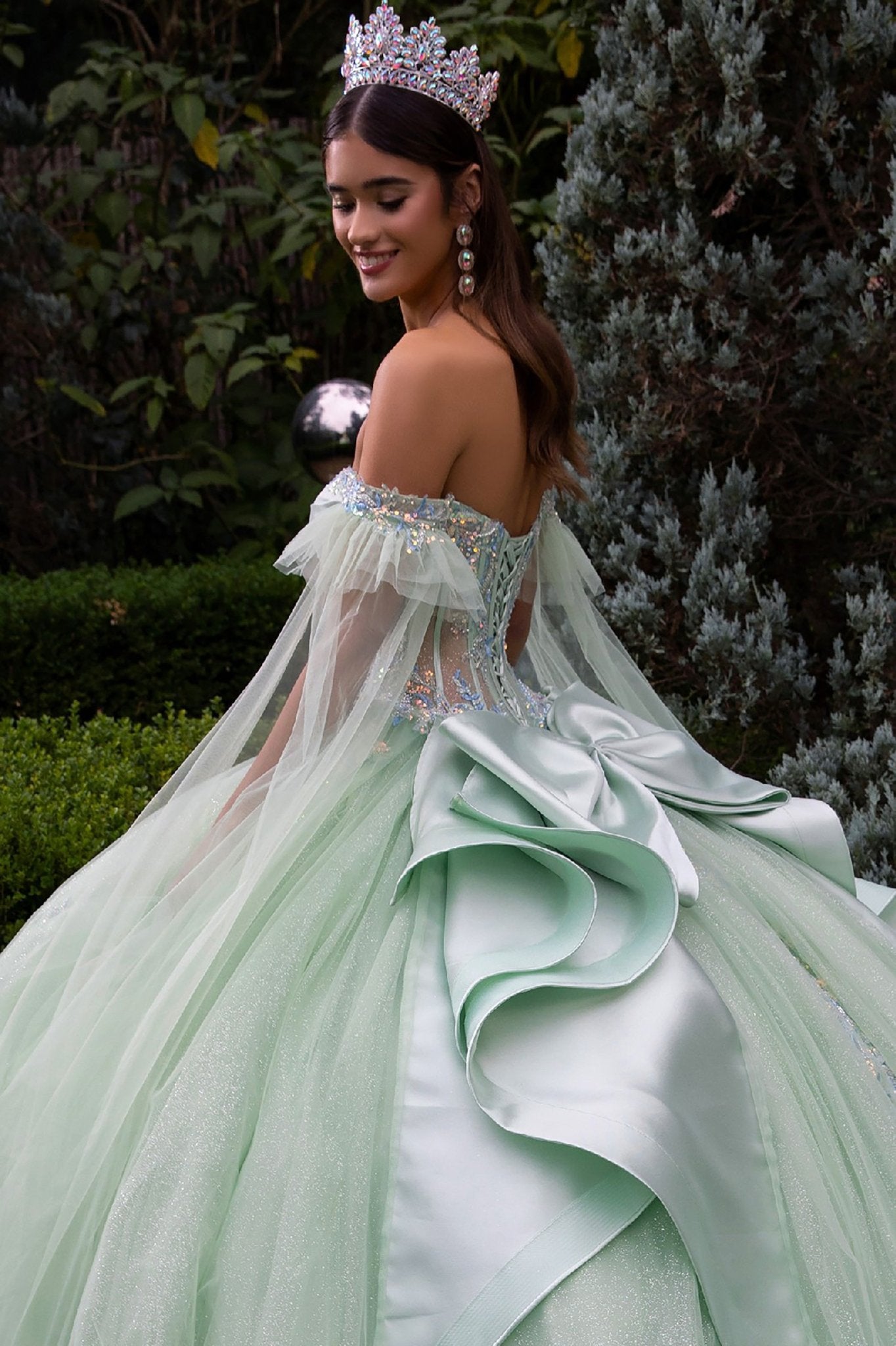 Quinceañera | Sage Ball Gown with Off-Shoulder Straps and Detachable Satin Bow | Fidela dress back zoom
