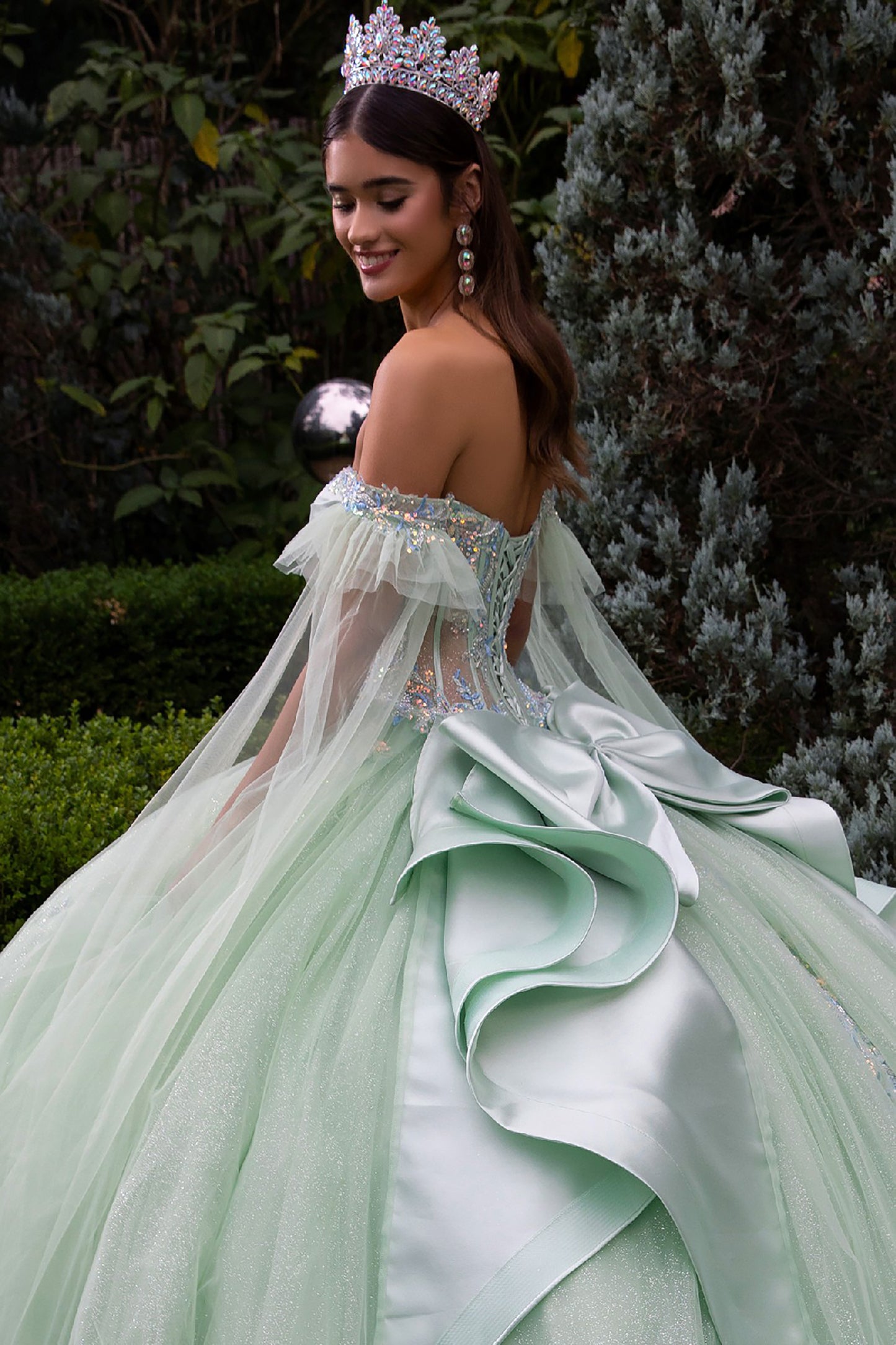 Quinceañera | Sage Ball Gown with Off-Shoulder Straps and Detachable Satin Bow | Fidela dress back zoom