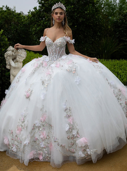 Quinceañera | Off-White/Pink Ball Gown with 3D Flower Appliques and Cold-Shoulder Sleeves | Eulalia dress front