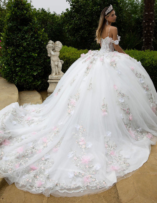 Quinceañera | Off-White/Pink Ball Gown with 3D Flower Appliques and Cold-Shoulder Sleeves | Eulalia dress back