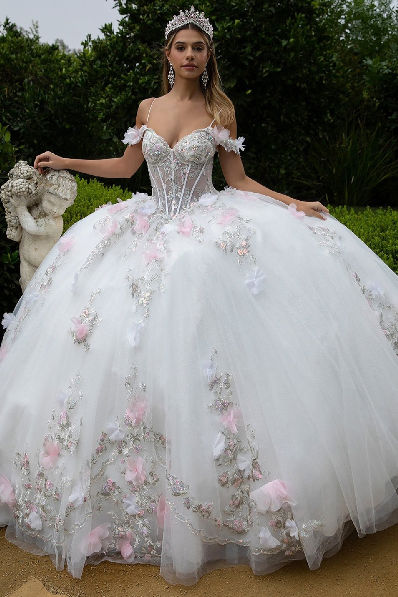 Quinceañera | Off-White/Pink Ball Gown with 3D Flower Appliques and Cold-Shoulder Sleeves | Eulalia dress front