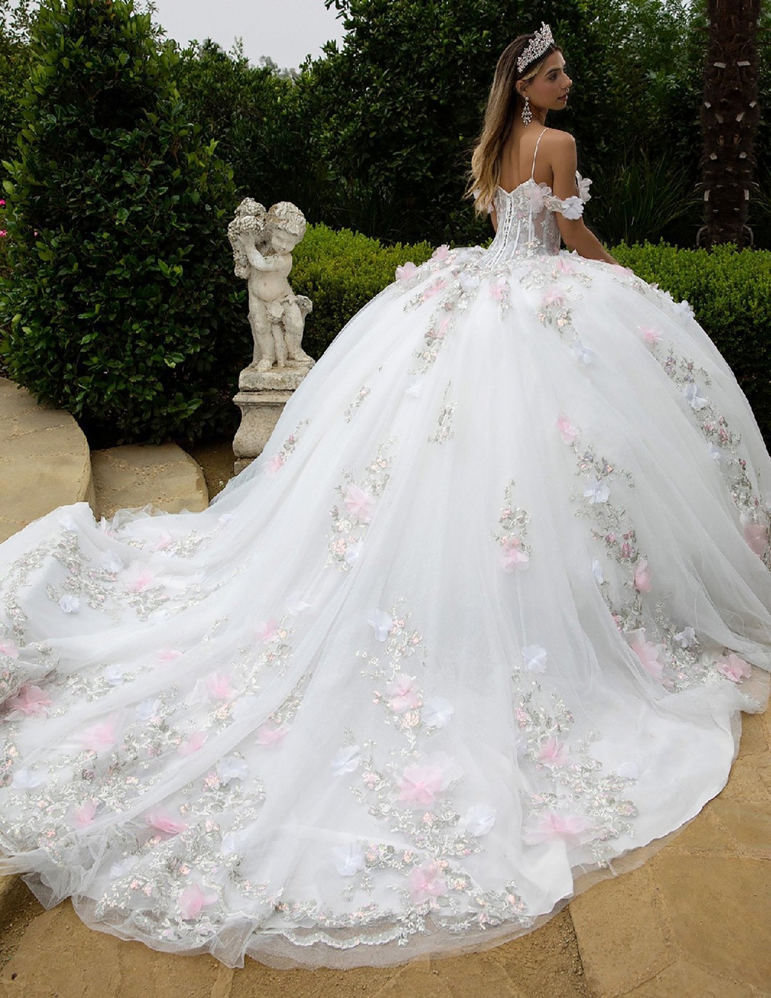 Quinceañera | Off-White/Pink Ball Gown with 3D Flower Appliques and Cold-Shoulder Sleeves | Eulalia dress back