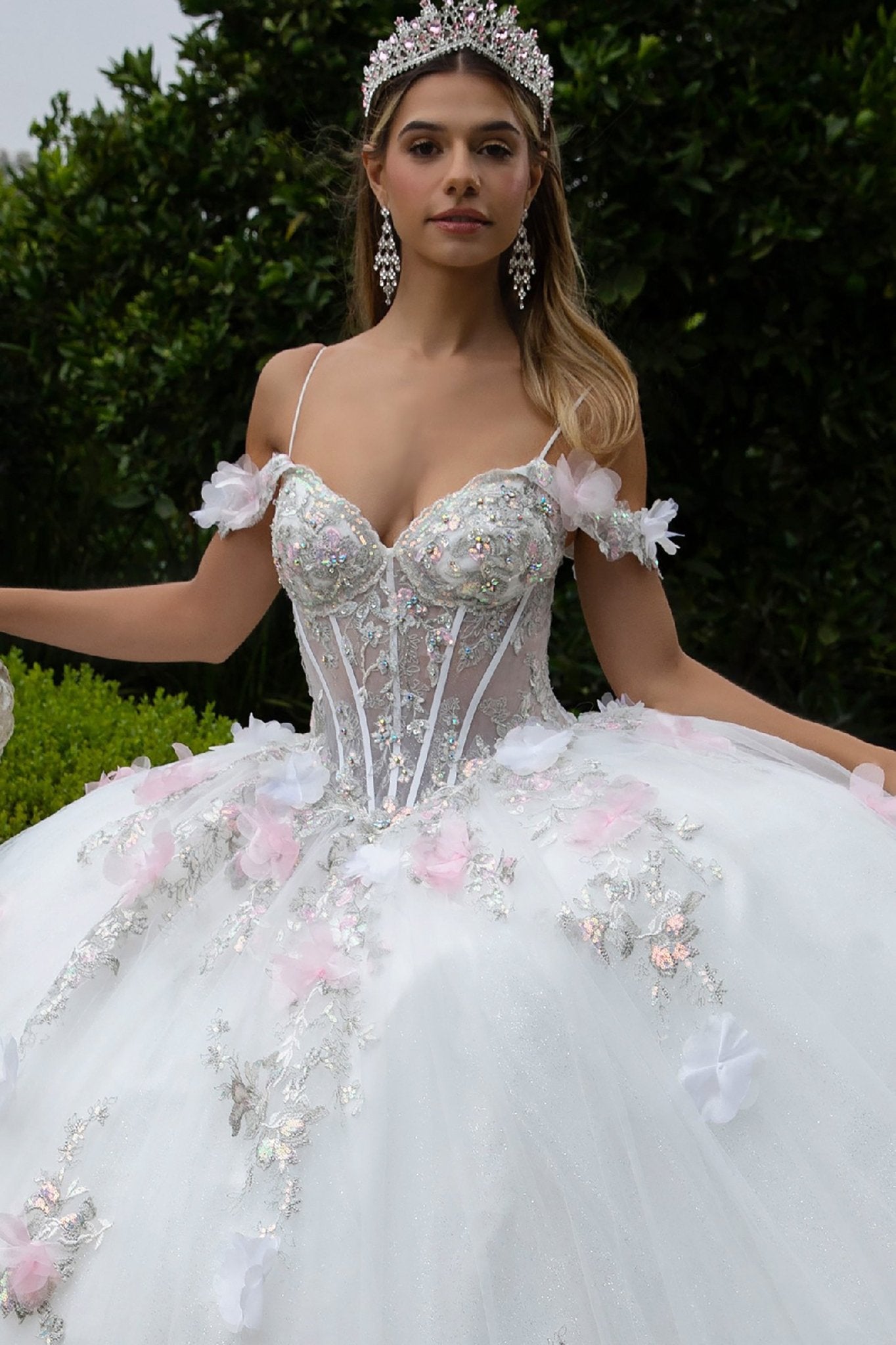 Quinceañera | Off-White/Pink Ball Gown with 3D Flower Appliques and Cold-Shoulder Sleeves | Eulalia dress front zoom