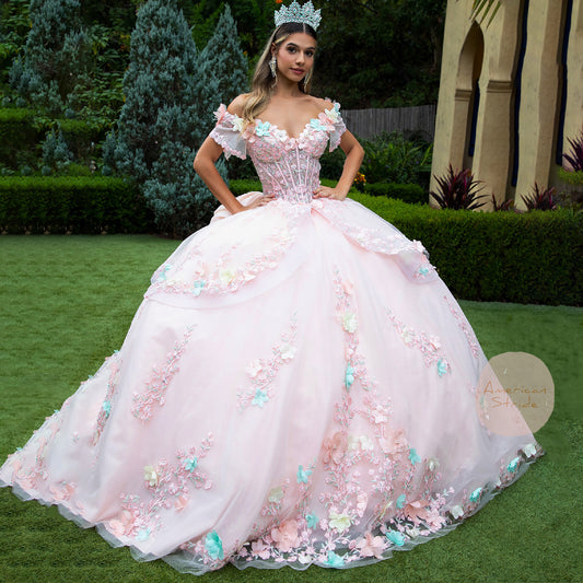 Blush Ball Gown with 3D Flower Appliques and Detachable Bow front