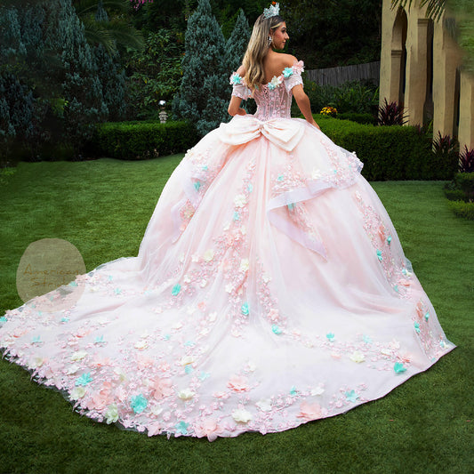 Blush Ball Gown with 3D Flower Appliques and Detachable Bow back