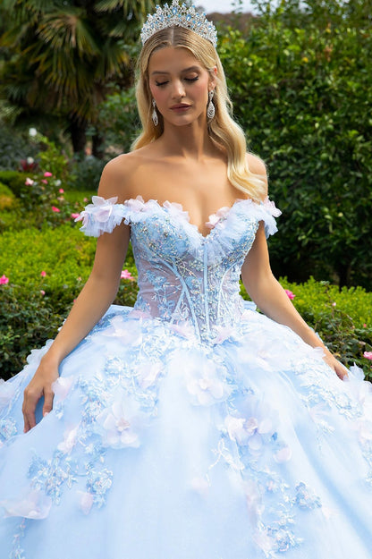 Quinceañera | Light Blue Ball Gown with 3D Flowers, Sheer Corset, Ruffles, and Detachable Bow | Ilsa dress front zoom