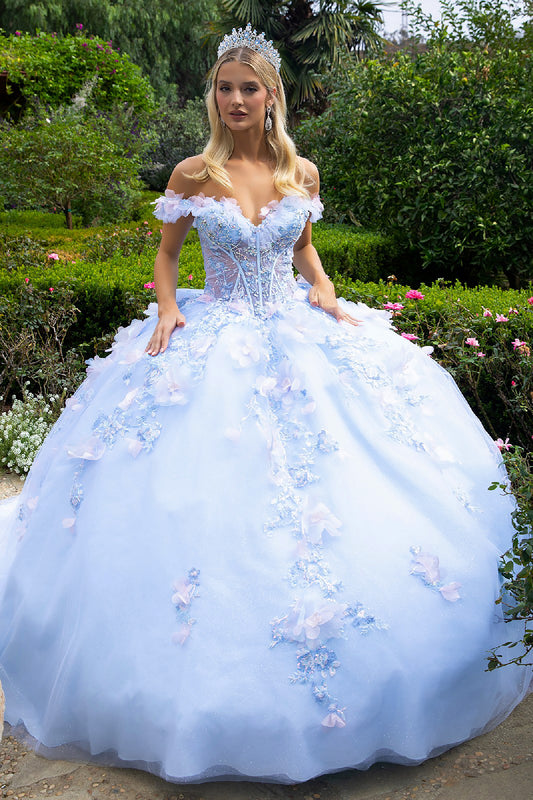 Quinceañera | Light Blue Ball Gown with 3D Flowers, Sheer Corset, Ruffles, and Detachable Bow | Ilsa dress front view
