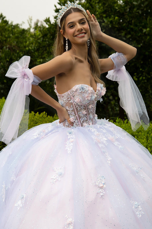 Quinceañera | Blush-White Multicolor Ball Gown with 3D Flowers, Sheer Corset, Detachable Bow Straps and Train | Genesis dress front zoom