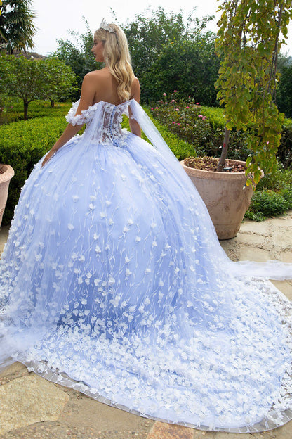 Quinceañera | Blue Ball Gown with 3D Flower Appliques and Watteau Tulle Train | Briseida dress back view