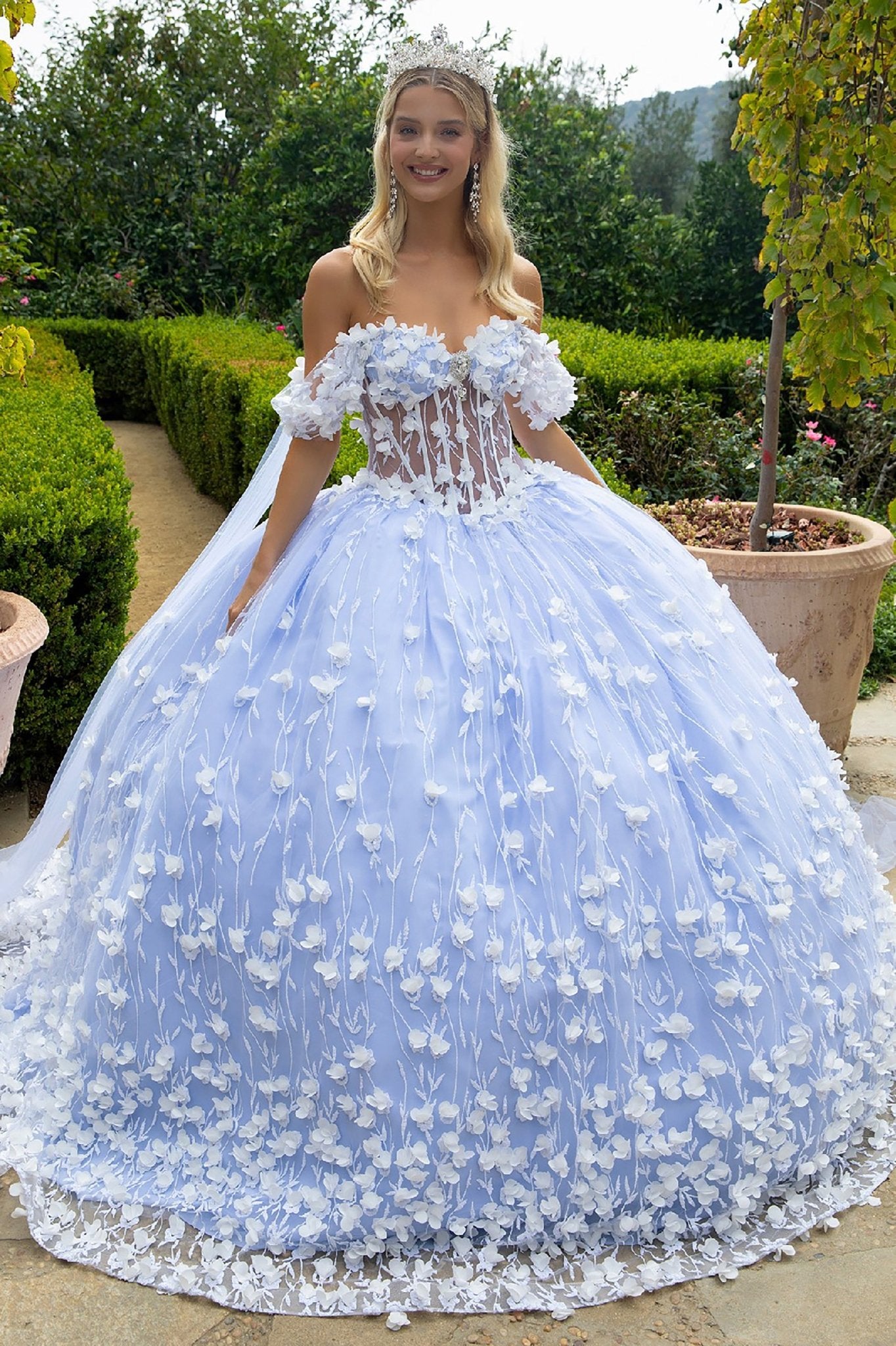 Quinceañera | Blue Ball Gown with 3D Flower Appliques and Watteau Tulle Train | Briseida dress front view