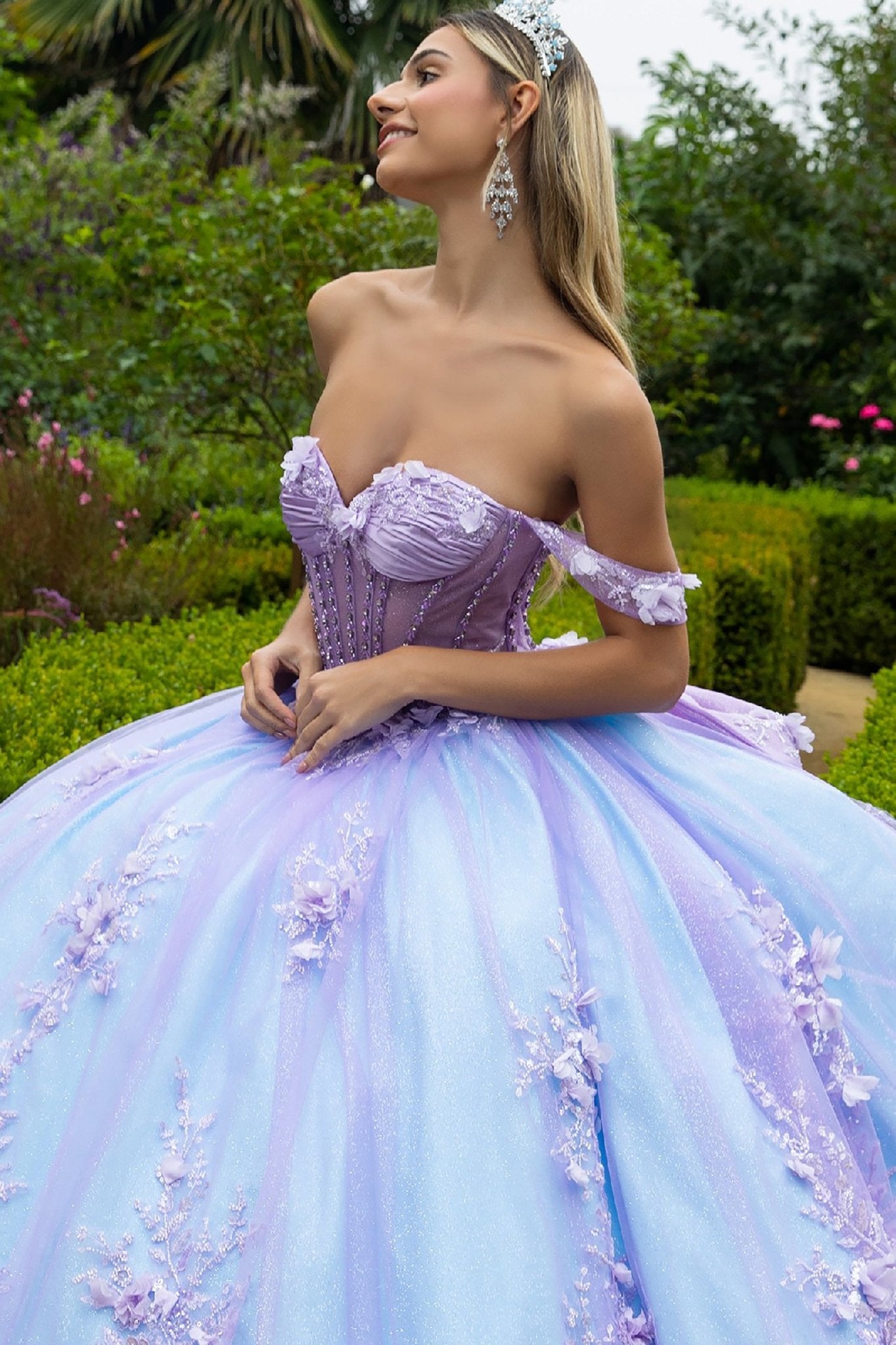 Quinceañera | Lilac-Blue Ball Gown with 3D Appliques, Corset Bodice, and Detachable Bow | Abril dress front zoom