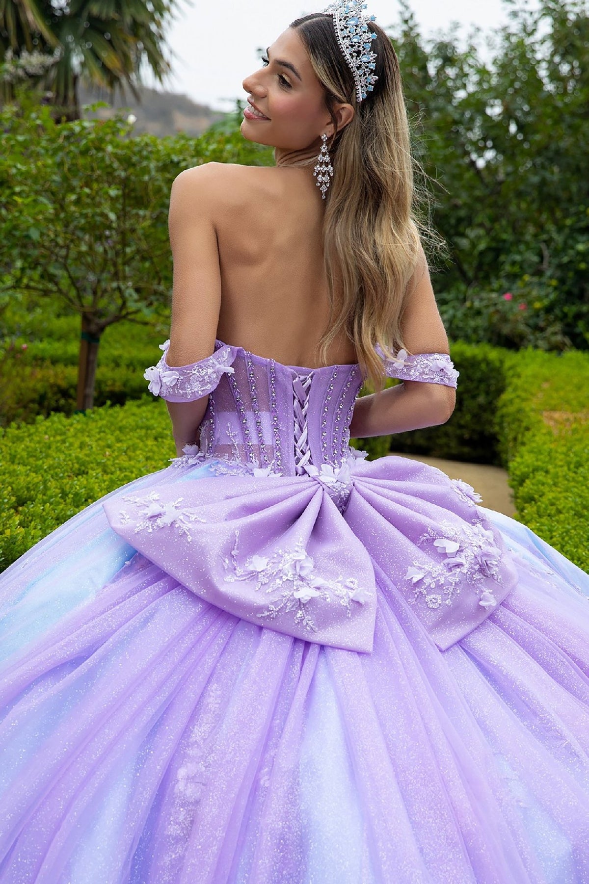 blue and purple quinceanera dresses Lilac Quinceañera Dress with Appliques Corset Bodice XS / Lilac Silk Satin Colors:Sunflower Yellow 884 White Pinstripe Cropped Long shoulder straps DL_08/11/24