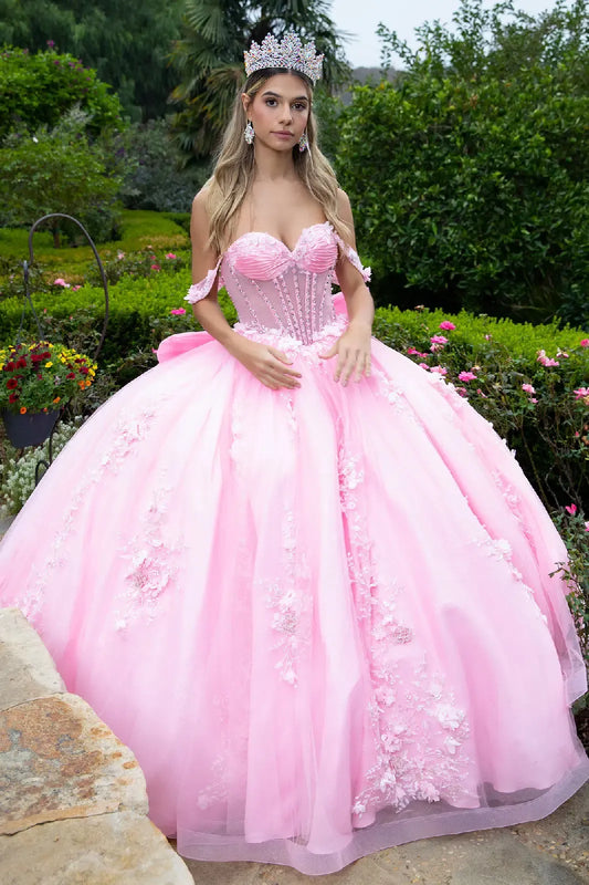 Quinceañera | Pink Ball Gown with 3D Appliques, Corset Bodice, and Detachable Bow | Abril dress