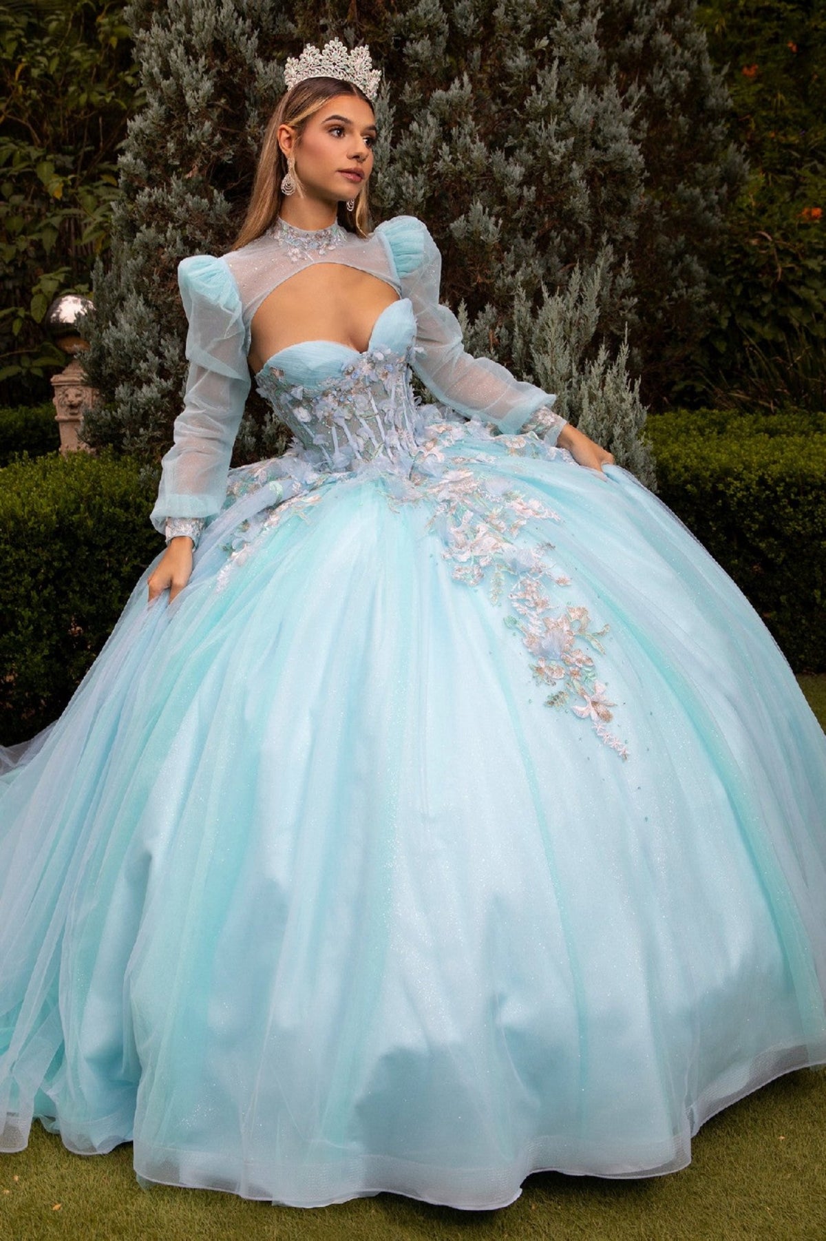 ice blue glitter dress Quinceañera with Mesh and Floral Accents XL / Blue Color:BLUE HEATHER elegant finish. jewelry-all Treasure Cave Cheese |