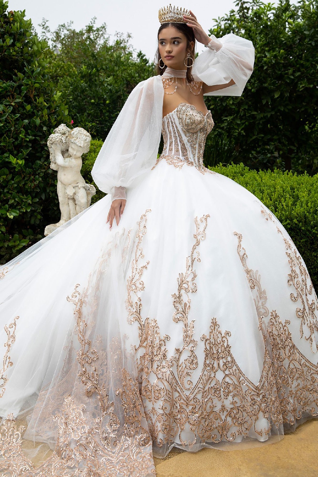 Quinceañera | White Long Train Ball Gown with Matching Embellished Bolero and Slit Bishop Sleeves | Celina dress side view
