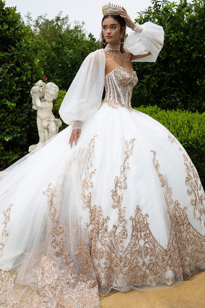 Quinceañera | White Long Train Ball Gown with Matching Embellished Bolero and Slit Bishop Sleeves | Celina dress side view