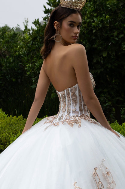 Quinceañera | White Long Train Ball Gown with Matching Embellished Bolero and Slit Bishop Sleeves | Celina dress without bolero back zoom