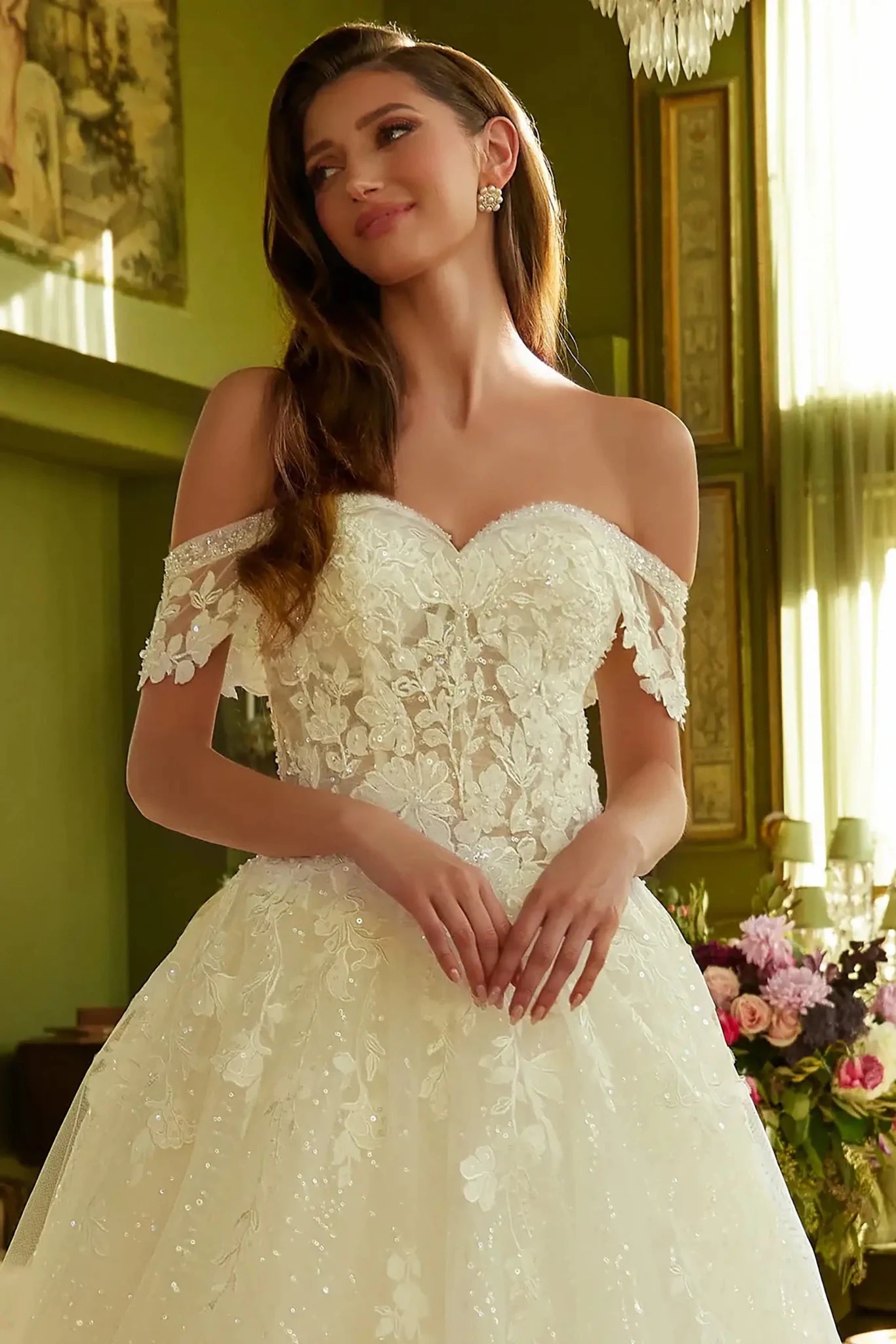 Front close-up upper view highlighting the detailed sequin embellishments on the V-neck corset bodice and the delicate drape of the off-shoulder straps.