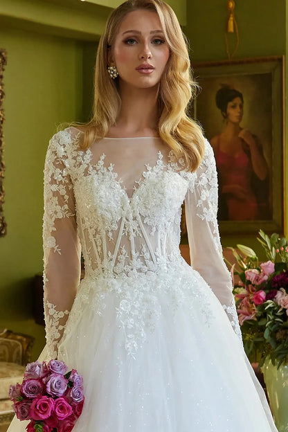 Front close-up upper view highlighting the intricate beadwork on the structured corset and the delicate transparency of the embroidered mesh sleeves.