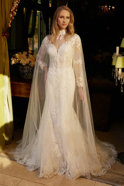 Front full-length view of displaying the contoured mermaid silhouette and the layered effect of the sheer sleeves and matching cape against the beaded floral details.