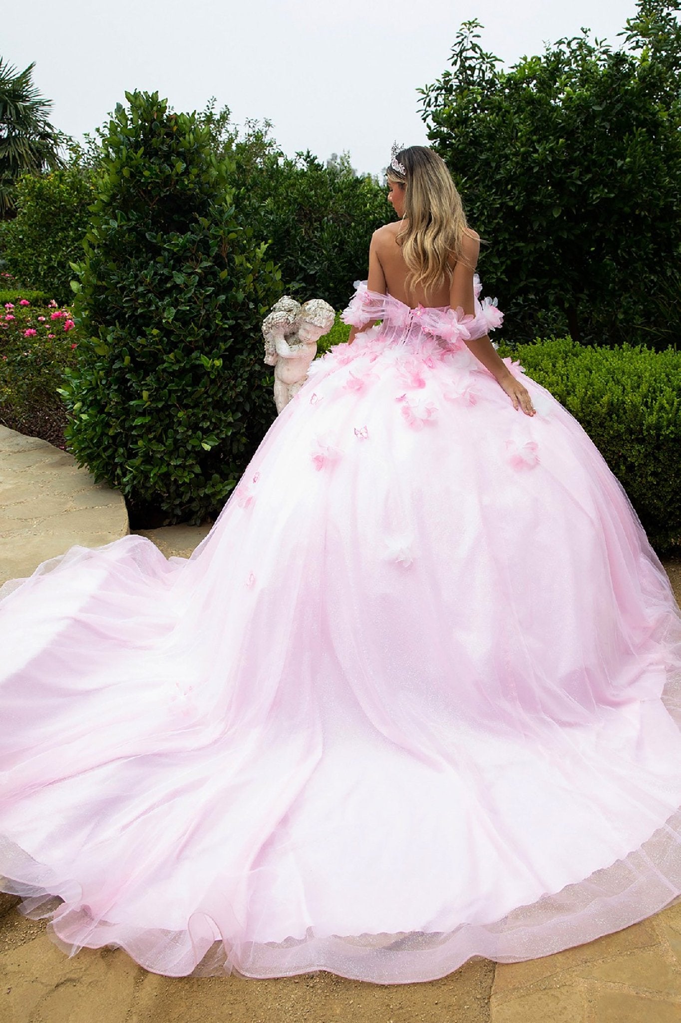 Quinceañera | Blush 3D Flower, Butterfly Appliques and Glitter Long Train Ball Gown | Adamaris dress back view