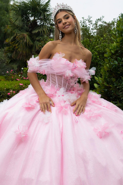 Quinceañera | Blush 3D Flower, Butterfly Appliques and Glitter Long Train Ball Gown | Adamaris dress front zoom