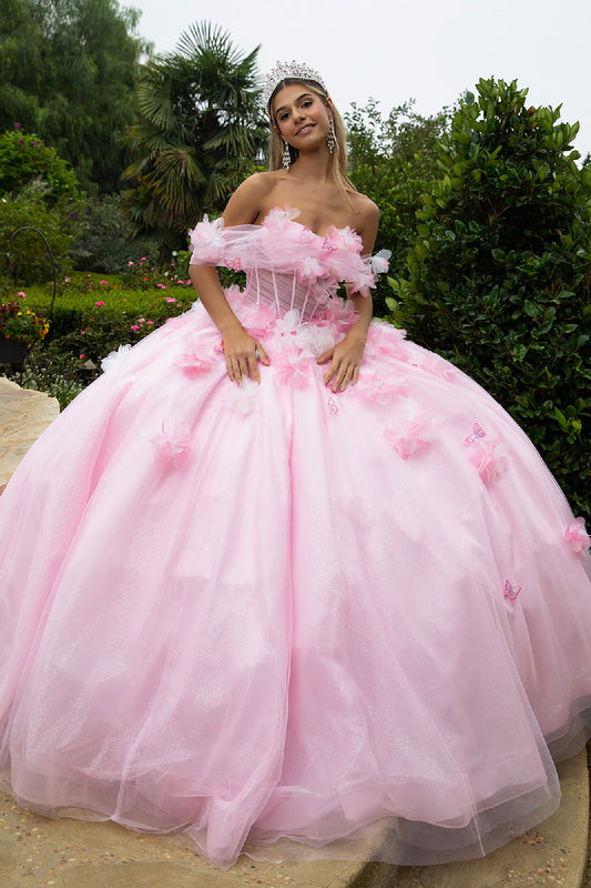 Quinceañera | Blush 3D Flower, Butterfly Appliques and Glitter Long Train Ball Gown | Adamaris dress front