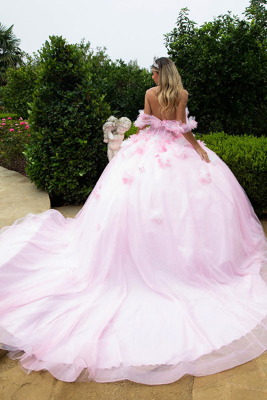 Quinceañera | Blush 3D Flower, Butterfly Appliques and Glitter Long Train Ball Gown | Adamaris dress back view