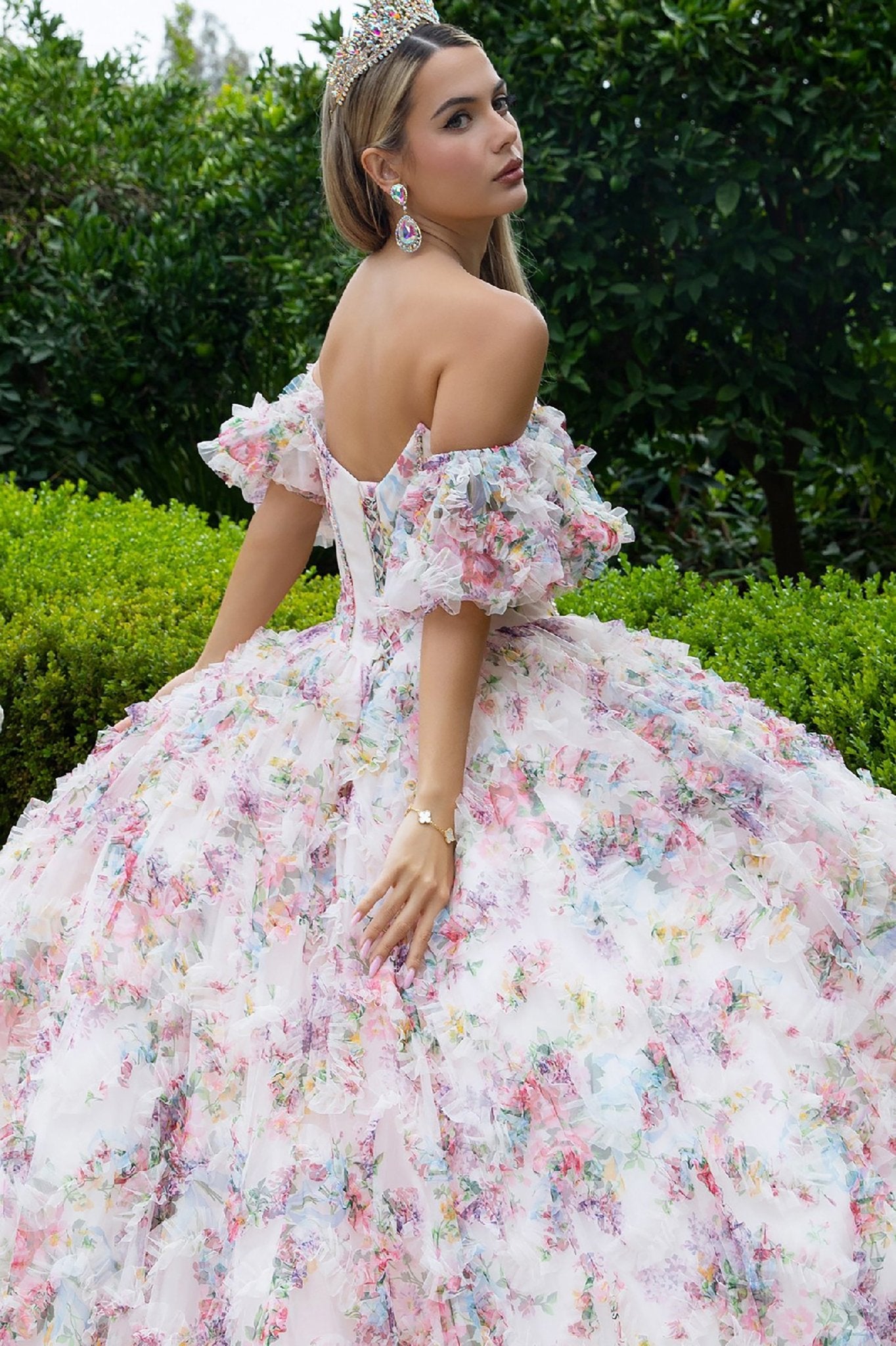 Quinceañera | Light Pink Floral Mesh Ball Gown with Detachable Puff Sleeves | Belicia dress back zoom