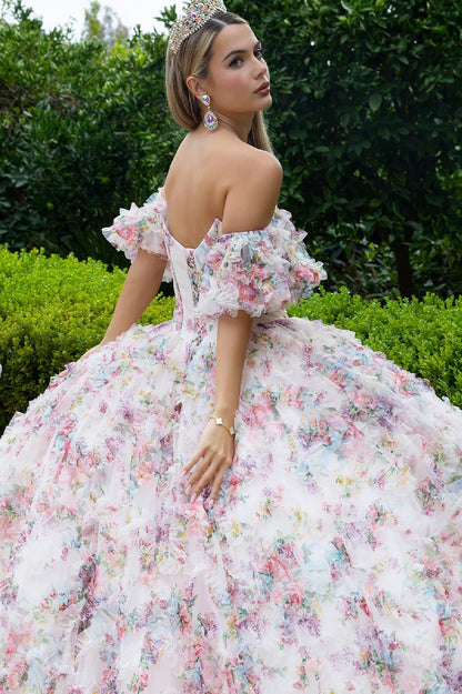 Quinceañera | Light Pink Floral Mesh Ball Gown with Detachable Puff Sleeves | Belicia dress back zoom