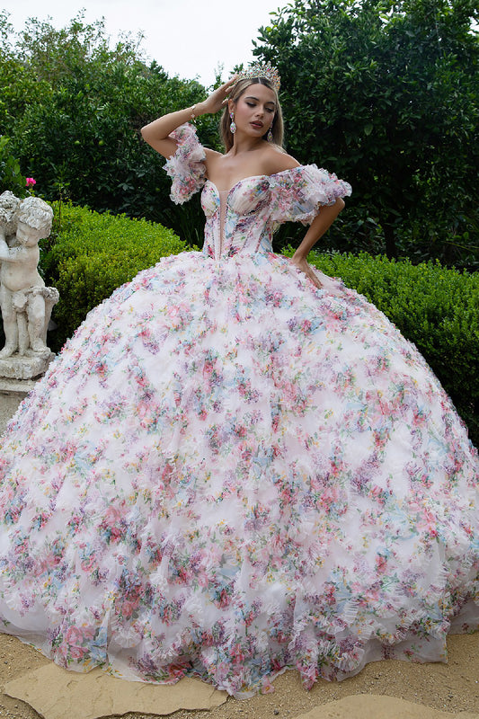 Quinceañera | Light Pink Floral Mesh Ball Gown with Detachable Puff Sleeves | Belicia dress front view