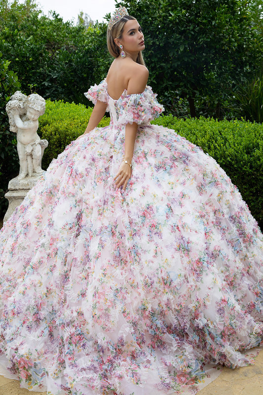Quinceañera | Light Pink Floral Mesh Ball Gown with Detachable Puff Sleeves | Belicia dress back view