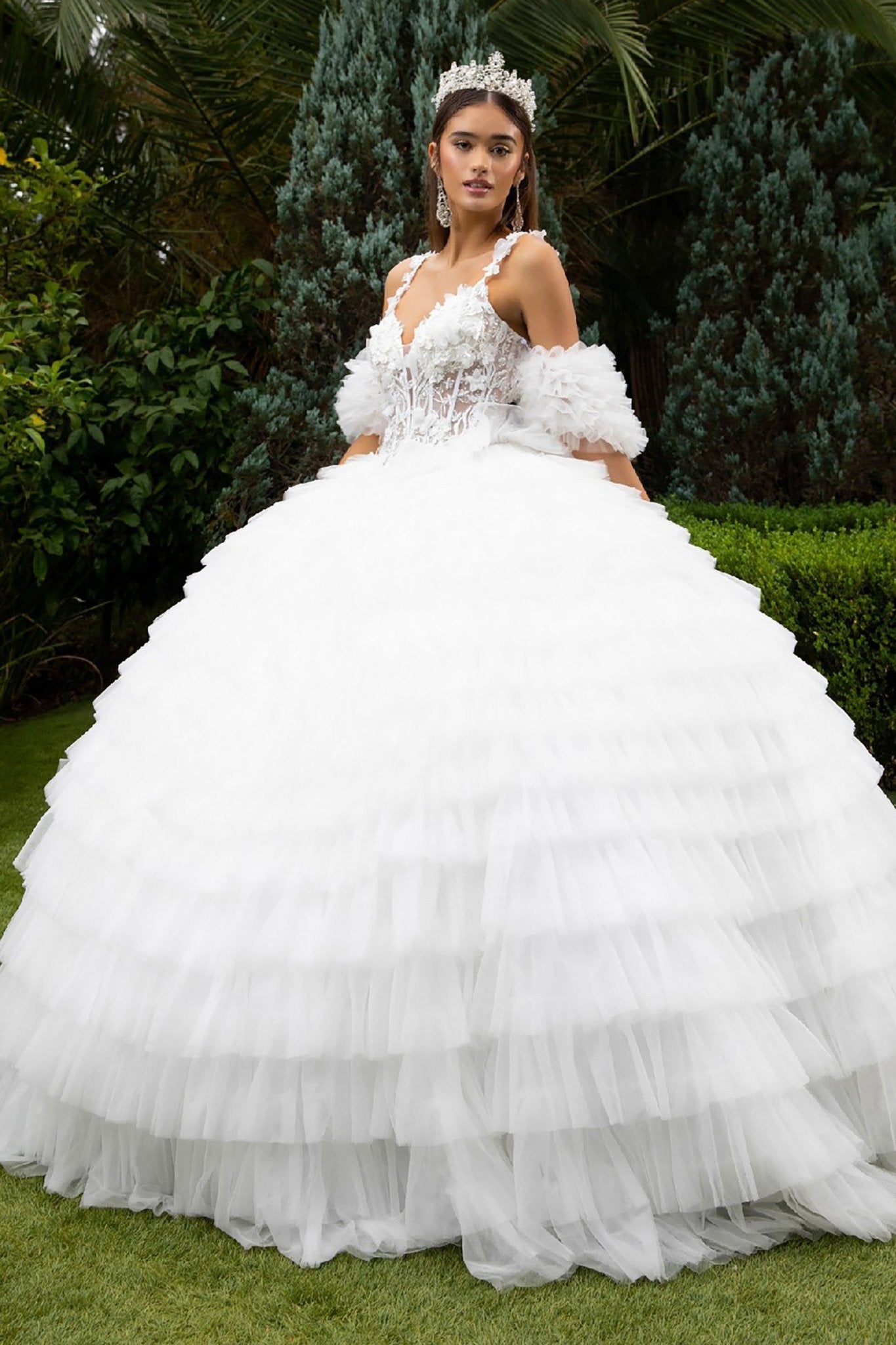 Quinceañera | White Ball Gown with 3D Appliques, Ruffled Skirt, and Detachable Puff Sleeves | Genoveva dress front