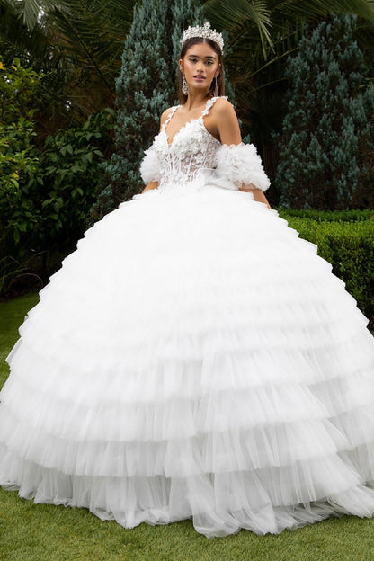 Quinceañera | White Ball Gown with 3D Appliques, Ruffled Skirt, and Detachable Puff Sleeves | Genoveva dress front