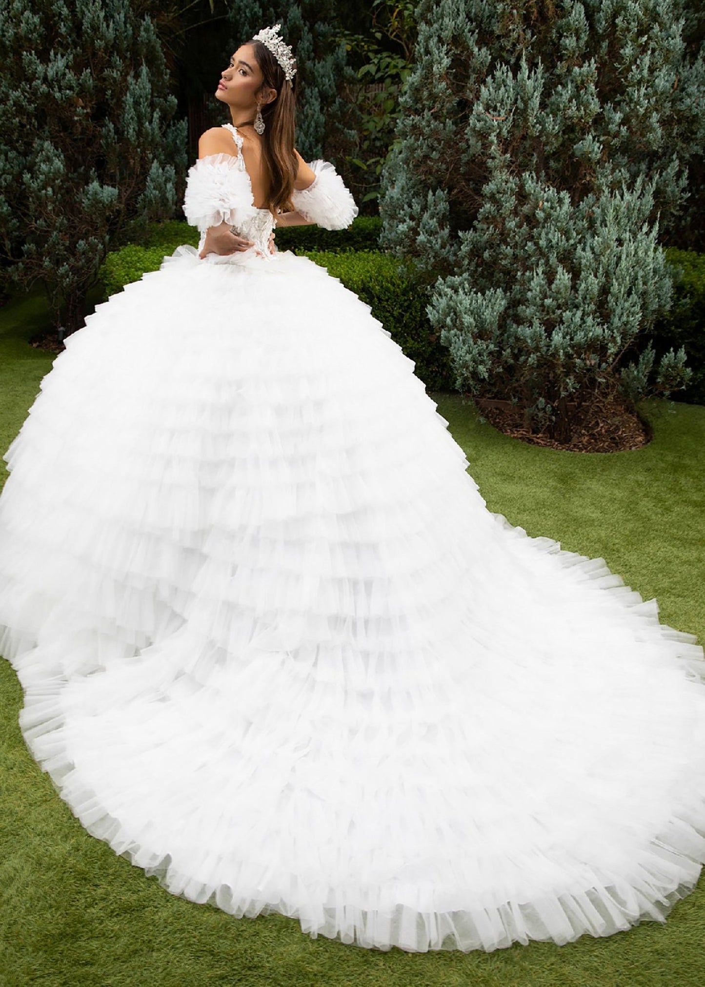 Quinceañera | White Ball Gown with 3D Appliques, Ruffled Skirt, and Detachable Puff Sleeves | Genoveva dress back