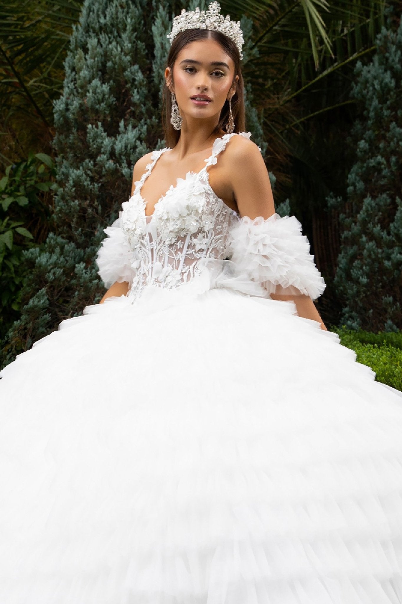 Quinceañera | White Ball Gown with 3D Appliques, Ruffled Skirt, and Detachable Puff Sleeves | Genoveva dress front view
