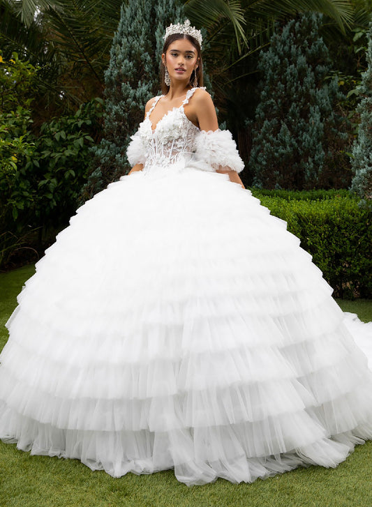 Quinceañera | White Ball Gown with 3D Appliques, Ruffled Skirt, and Detachable Puff Sleeves | Genoveva dress front