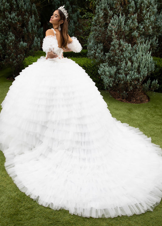 Quinceañera | White Ball Gown with 3D Appliques, Ruffled Skirt, and Detachable Puff Sleeves | Genoveva dress back