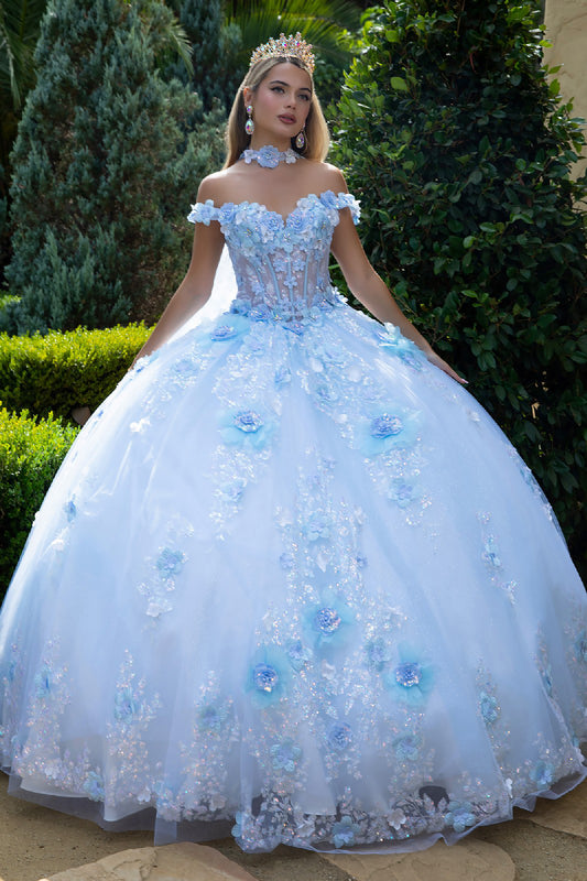 Quinceañera | Light Blue Ball Gown with 3D Flower Appliques and Choker Cape Train | Florencia dress front view