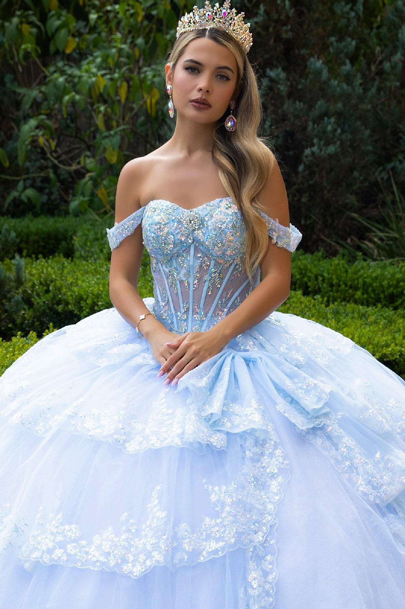 Quinceañera | Light Blue Scallop Ruffle Hem Ball Gown with Tiered Train and Side Bow | Azul dress front zoom