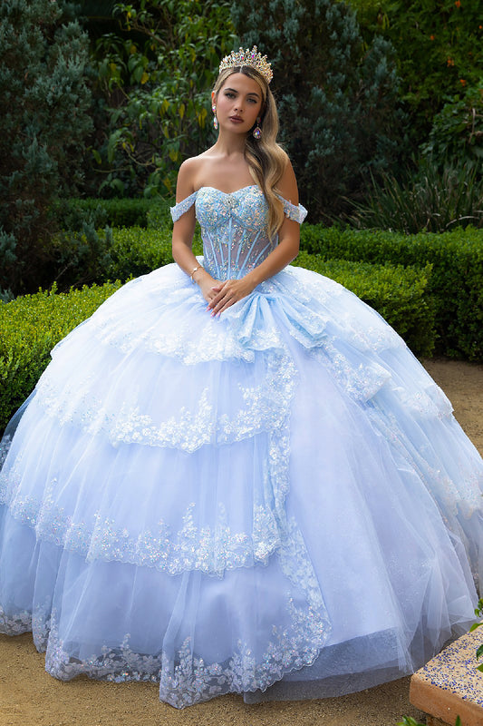 Quinceañera | Light Blue Scallop Ruffle Hem Ball Gown with Tiered Train and Side Bow | Azul dress front