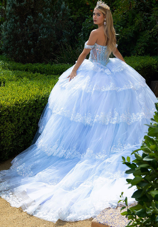 Quinceañera | Light Blue Scallop Ruffle Hem Ball Gown with Tiered Train and Side Bow | Azul dress back view