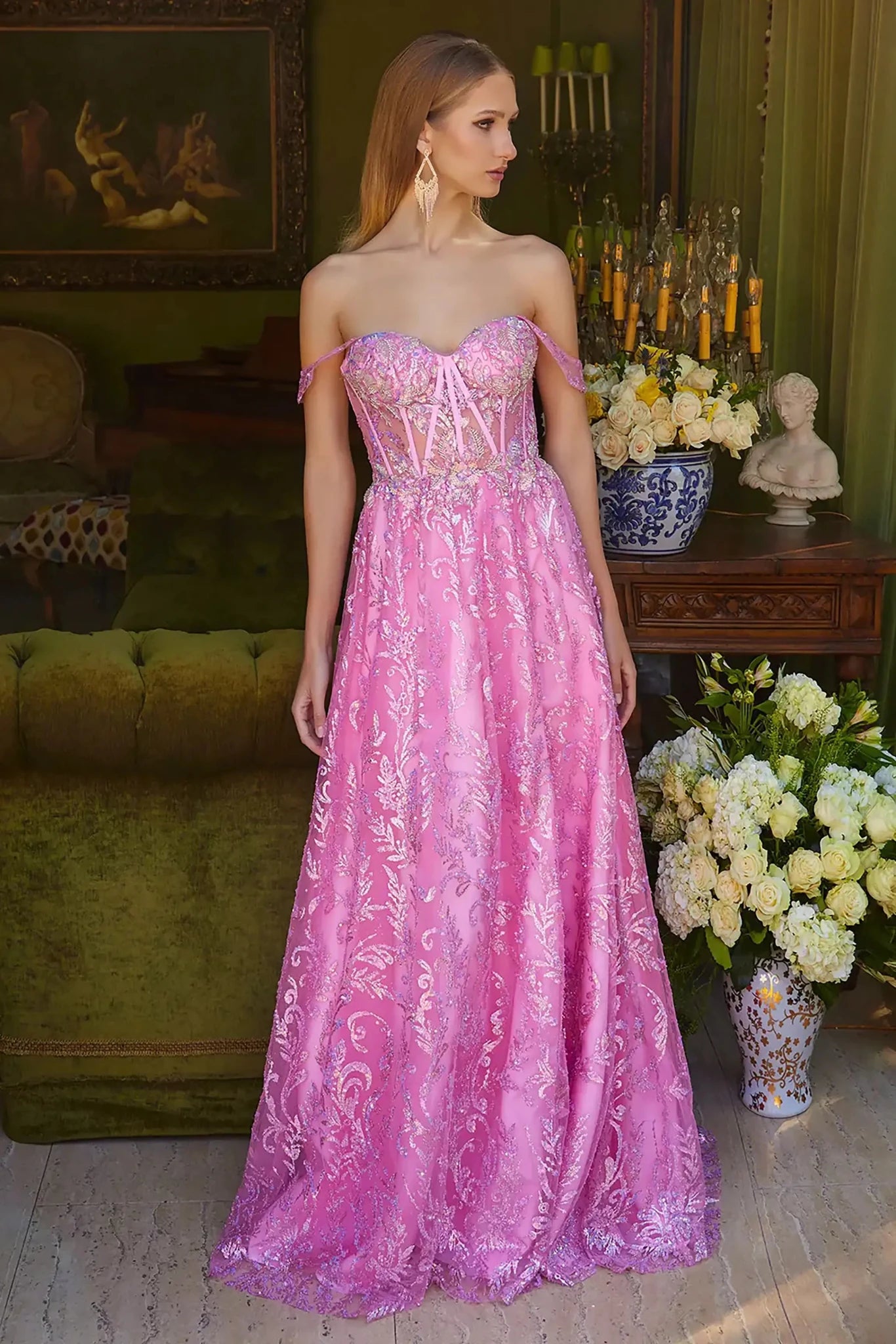 Front full-length view of a  Pink off-shoulder beaded sequin prom dress with sweetheart neckline and slit
